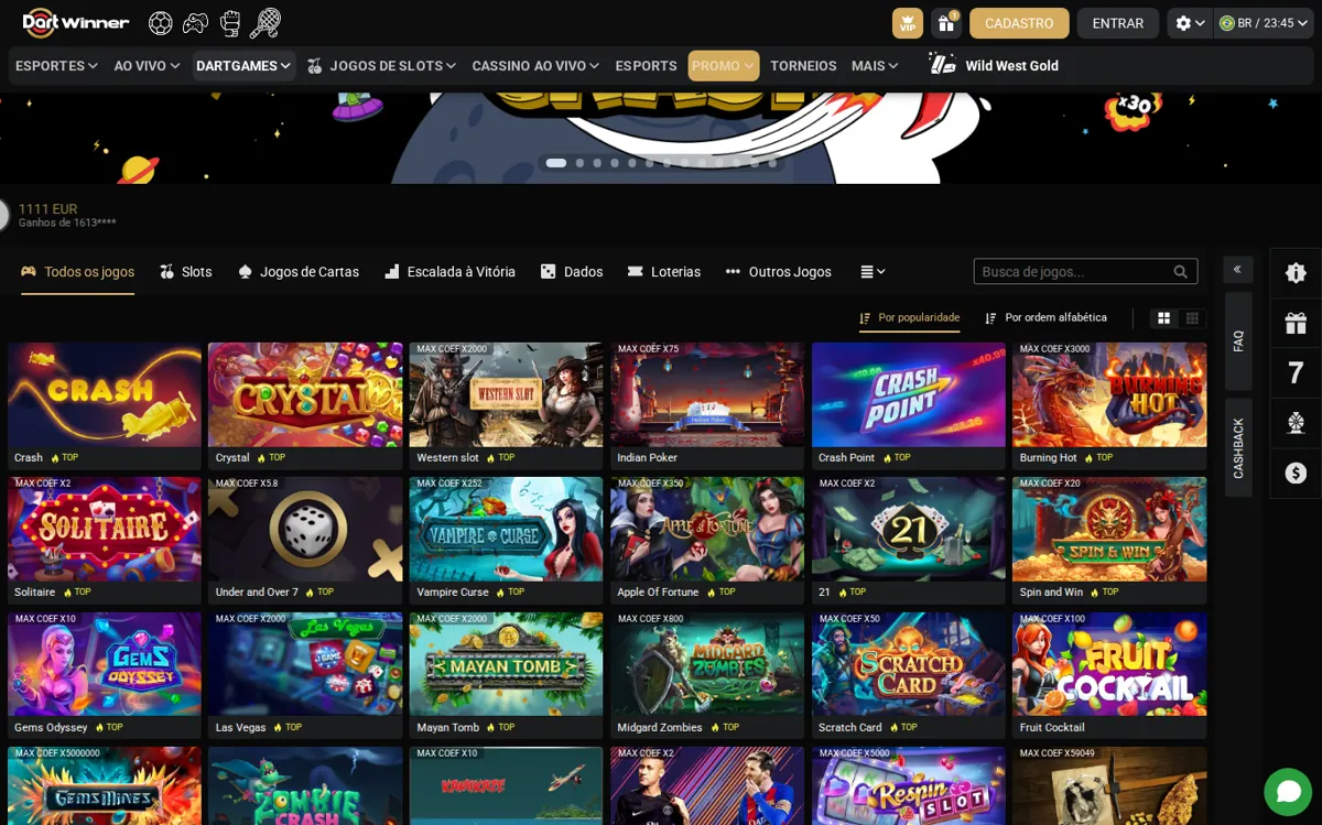 Lobby de jogos de cassino da DartWinner com Crash, Crystal e o slot Western em português brasileiro.