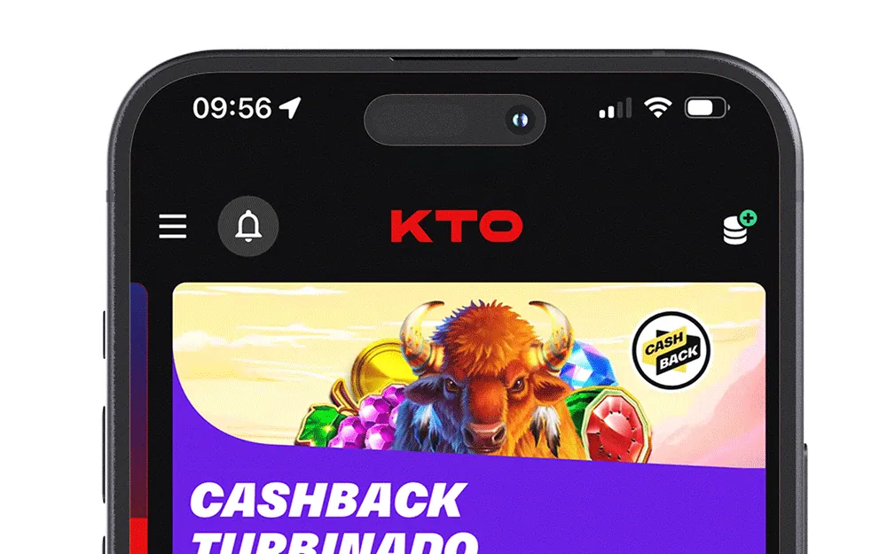 Lobby do cassino da KTO no celular com jogos recentes e banner promocional de cashback.