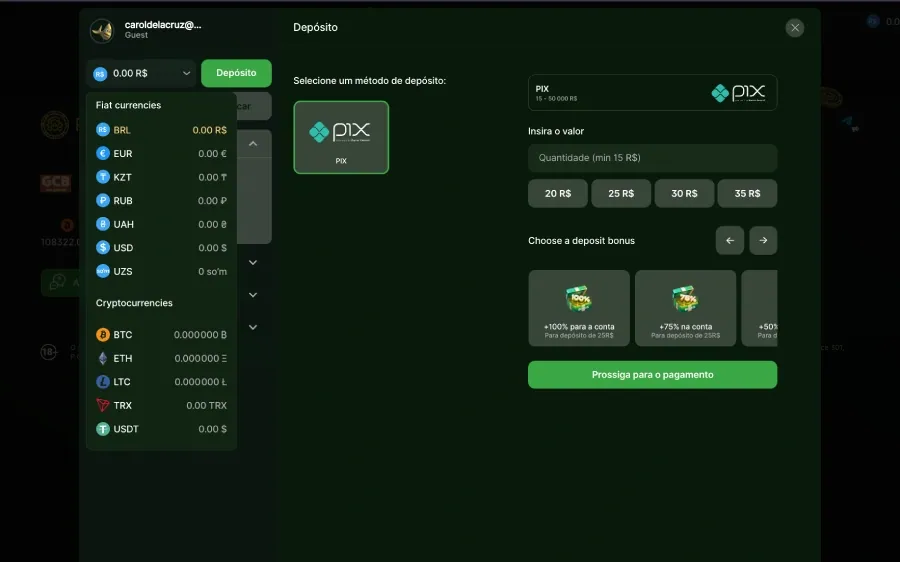 Interface de depósito da Riobet, mostrando métodos de pagamento e limites.