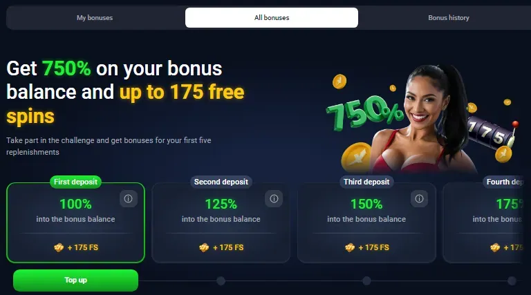 Interface de promoções de bônus de boas-vindas da TopX com bônus de até 750% e rodadas grátis.